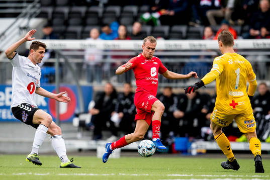Fredrik Semb Berge of Odd, Petter Dahle Strand of Brann and goalkeeper Sondre Rossbach of Odd