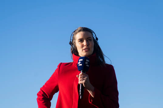 Susanne Furøy Wergeland, host of Eurosport, ahead of the Eliteserien match between Sarpsborg 08 and Molde on March 31, 2019 in Sarpsborg. 