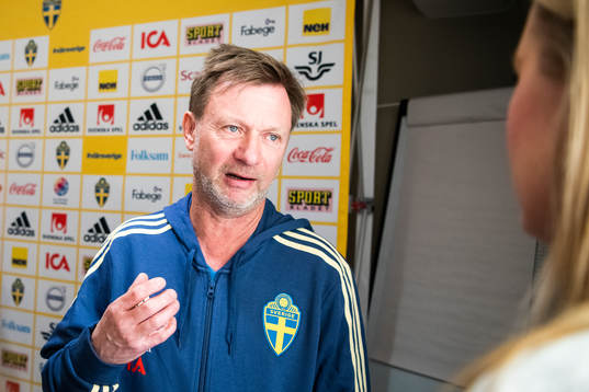 Sweden's head coach Peter Gerhardsson speaks to the media
