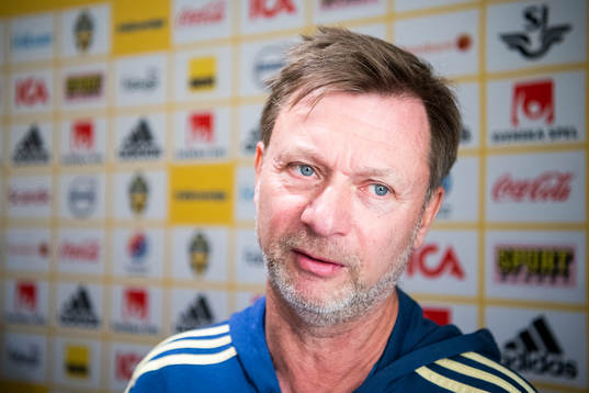 Sweden's head coach Peter Gerhardsson speaks to the media