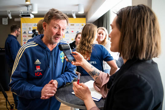 Sweden's head coach Peter Gerhardsson speaks to the media