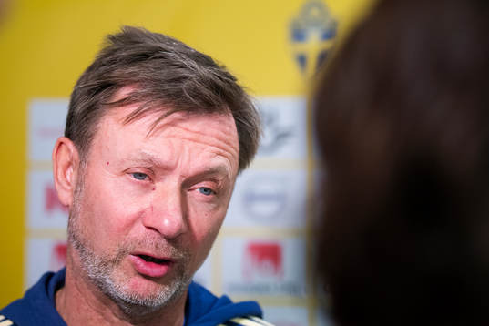 Sweden's head coach Peter Gerhardsson speaks to the media