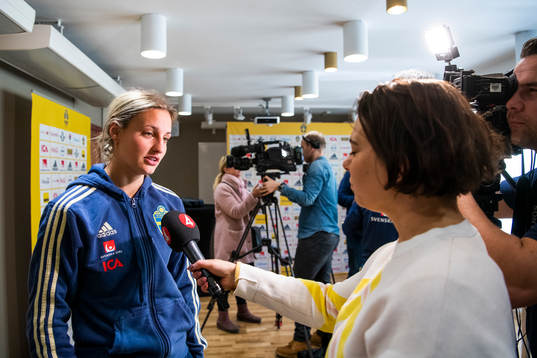 Sweden's Nathalie Björn speaks to the media