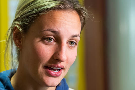 Sweden's Nathalie Björn speaks to the media