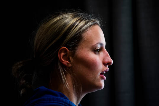 Sweden's Nathalie Björn speaks to the media