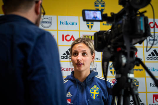 Sweden's Nathalie Björn speaks to the media