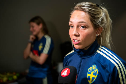 Sweden's Elin Rubensson speaks to the media