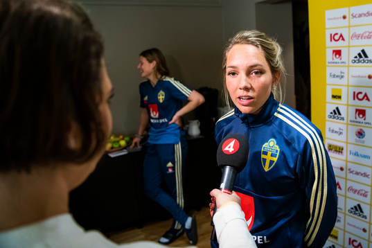 Sweden's Elin Rubensson speaks to the media