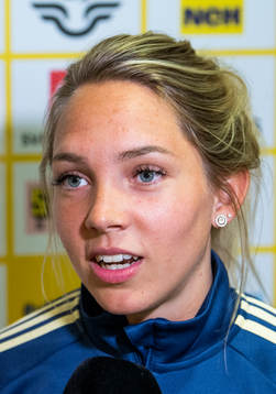 Sweden's Elin Rubensson speaks to the media