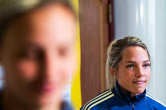 Sweden's Elin Rubensson speaks to the media