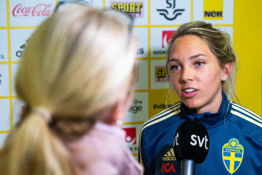 Sweden's Elin Rubensson speaks to the media