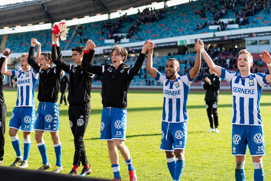IFK Göteborgs Benjamin Nygren, Rasmus Wikström, målvakt Tom Amos, Emil Holm, Junes Barny och Victor Wernersson jublar