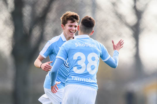 Malmö FFs Jesper Dickman jublar med Laorent Shabani efter sitt 1-0 mål
