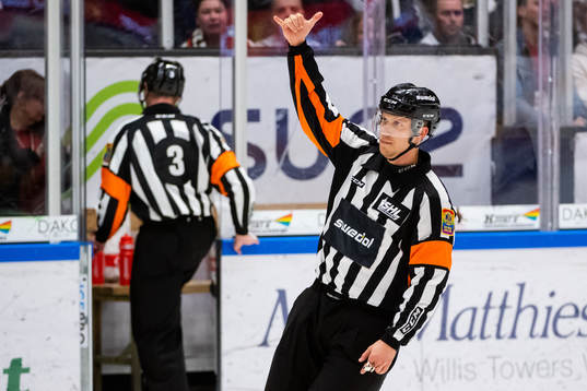 Domare Linus Öhlund signalerar för videogranskning