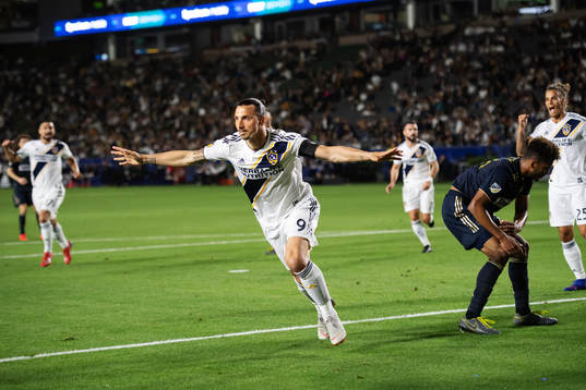 Zlatan Ibrahimovic of LA Galaxy celebrates after scoring 1-0