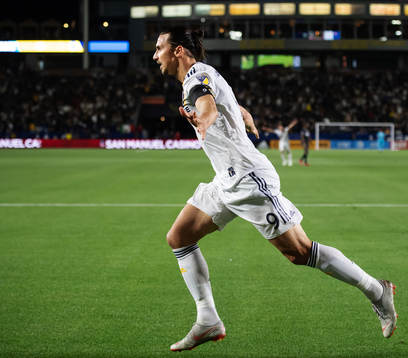Zlatan Ibrahimovic of LA Galaxy celebrates after scoring 1-0