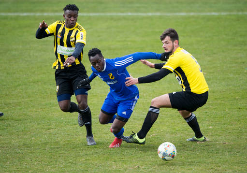 IFK Hässleholms Carl Mujaguzi och Egzon Ademi i matchen i division 2 mellan IFK Hässleholm och Räppe i Hässleholm 13 april 2019.  