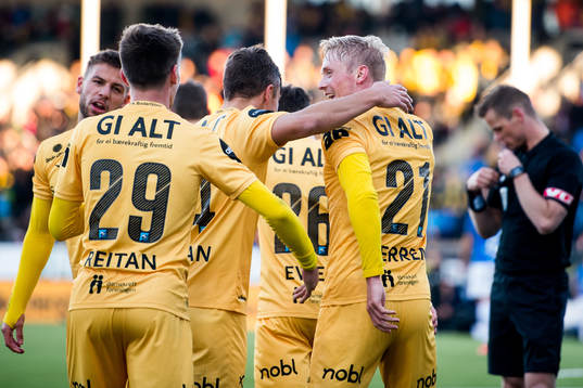 Geir André Herrem of Bodø/Glimt celebrates with teammates after scoring the 3-0 goal