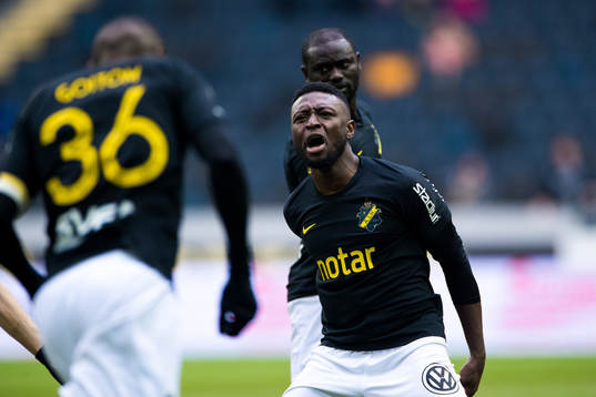 s Chinedu Ogbuke Obasi jublar efter 1-1 under fotbollsmatchen i Allsvenskan mellan AIK och Sirius den 14 april 2019 i Stockholm. 