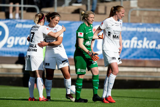 Eskilstunas målvakt Emelie Lundberg, Petra Johansson, Shannon Woeller och Vaila Barsley jublar