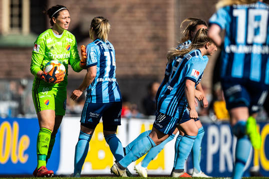 Djurgårdens Hanna Folkesson jublar med målvakt Gudbjörg Gunnarsdottir efter en räddad straff
