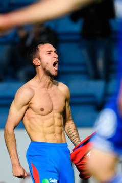 Helsingborgs David Boysen jublar efter sitt 1-1 mål