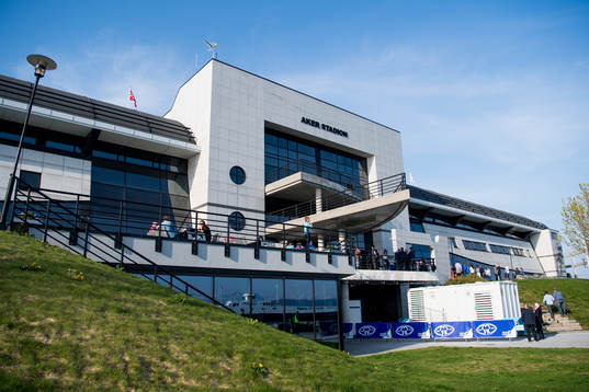 General exterior view of Aker Stadion ahead of the Eliteserien match between Molde and Rosenborg on April 28, 2019 in Molde.