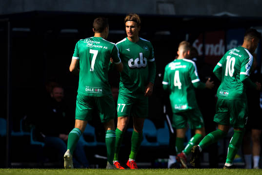 Marcus Mehnert of Nest-Sotra celebrates with teammate Jo Sondre Aas after scoring 1-1