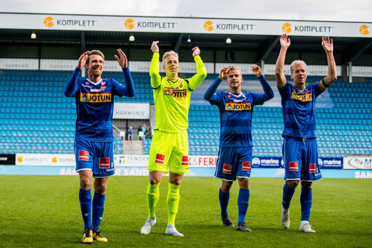 Håvard Storbæk, goalkeeper Walter Viitala, Pontus Engblom and Lars Grorud of Sandefjord celebrate