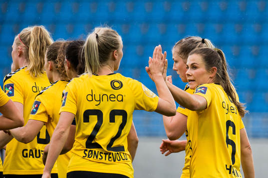 Emilie Haavi of LSK Kvinner celebrates with teammates after the 0-1 goal