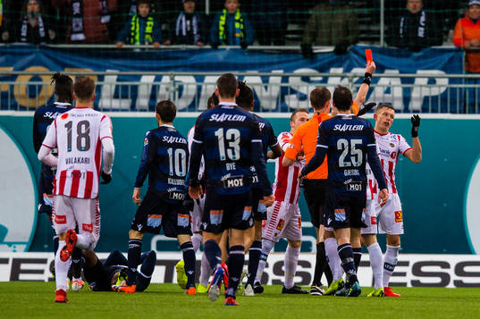 Marcus Holmgren Pedersen of Tromsø gets a red card