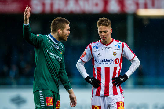 Gudmund Broks Kongshavn and Onni Johannes Simonpoika Valakari of Tromsø the Eliteserien match between Kristiansund and Tromsø