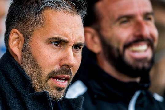 Marti Cifuentes, head coach of Sandefjord, and Jordi Gonzalez Aznar, assistant coach, ahead of the OBOS-ligaen football match between Sandefjord and Nest-Sotra on May 5, 2019 in Sandefjord.
