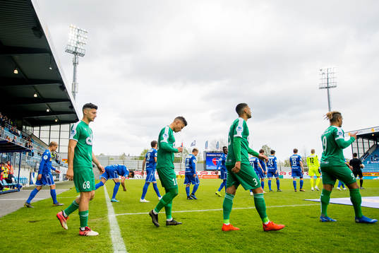 Elmin Nurkic, Alexander Dang, Daniel Arrocha and Lee Rochester Sørensen of Nest-Sotra ahead of the OBOS-ligaen football match between Sandefjord and Nest-Sotra on May 5, 2019 in Sandefjord.