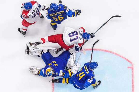 Jan Kovar and Dominik Kubalik of Czech Republic in action