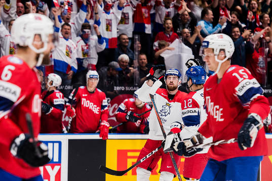 Filip Hronek and Dominik Simon of Czech Republic celebrates