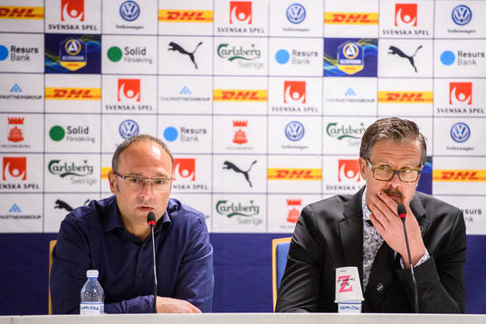 s tränare Rikard Norling på presskonferensen efter fotbollsmatchen i Allsvenskan mellan Helsingborg och AIK den 15 maj 2019 i Helsingborg.