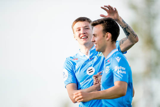 Axel Kryger and Adrian Berntsen of Sandnes Ulf celebrate after the 2-5 goal