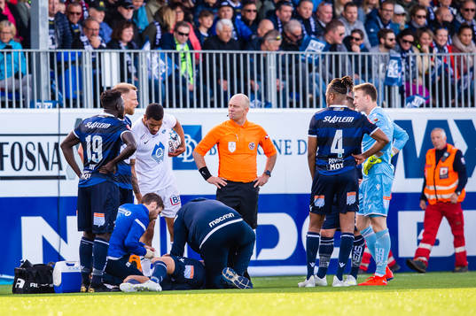 Christoffer Aasbak of Kristiansund in pain