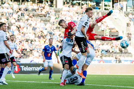 Elbasan Rashani of Odd, goalkeeper Even Barli of Ranheim and Birk Risa of Odd