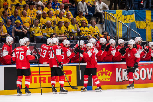 Sven Andrighetto of Switzerland celebrate with teammates