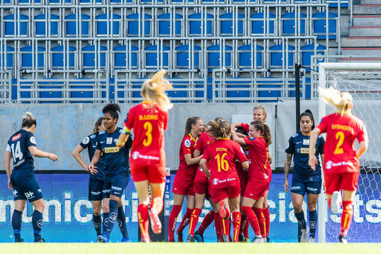 Katrine Winnem Jørgensen of Røa celebrate with teammates after 1-0 during the Toppserien football match between Røa and Avaldsnes on May 19, 2019 in Oslo. 
