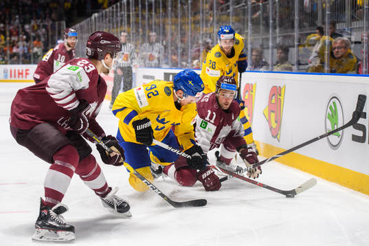 Gabriel Landeskog of Sweden in action with Teodors Blugers