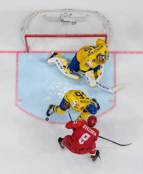 Alexander Ovechkin of Russia against Erik Gustafsson and