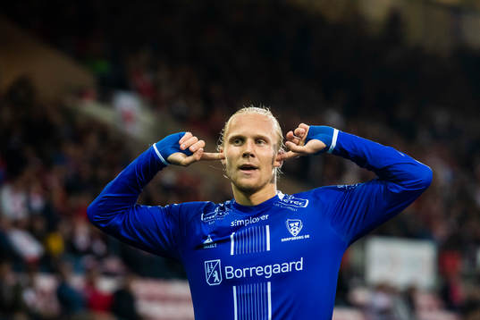Lars-Jørgen Salvesen of Sarpsborg 08 celebrates after scoring 0-2