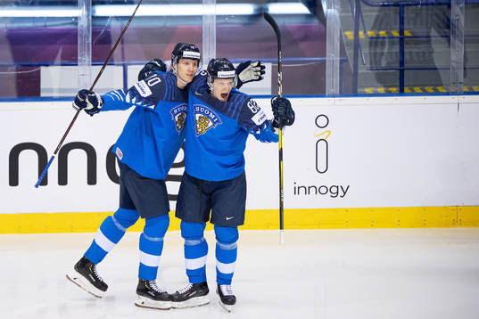 Petteri Lindbohm and Harri Pesonen of Finland celebrates 1-0