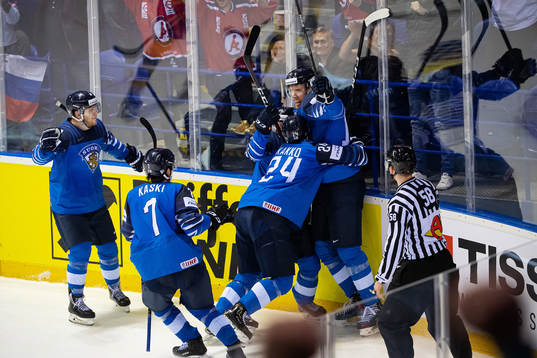 Marko Anttila of Finland celebrates with his teammates