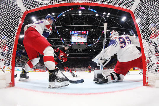 Filip Hronek and goaltender Pavel Francouz of Czech