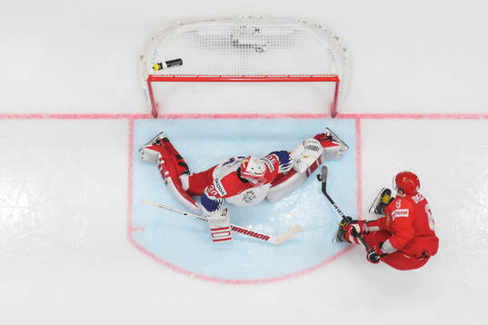 Goaltender Simon Hrubec of Czech Republic makes a save