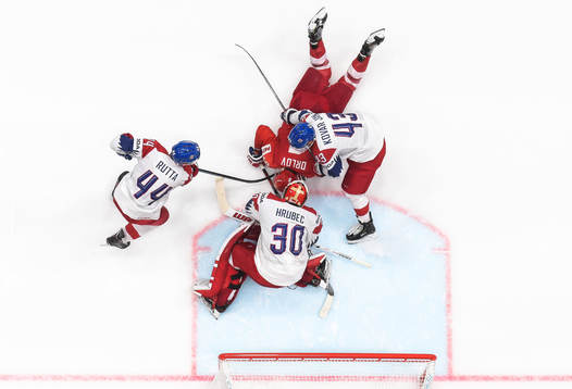 Jan Rutta, goaltender Simon Hrubec and Jan Kovar of Czech